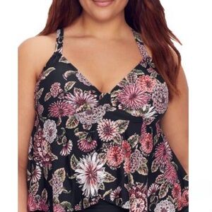 NWT RAISINS CURVE Atlantic Tankini Black w/Pink Floral Print Flowy Size 18W